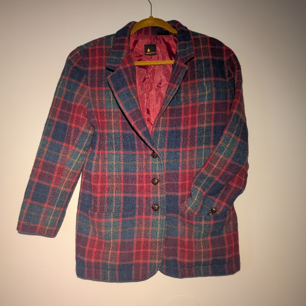 Vintage Plaid Blazer Liz Sport 100% Wool  Jacket 8